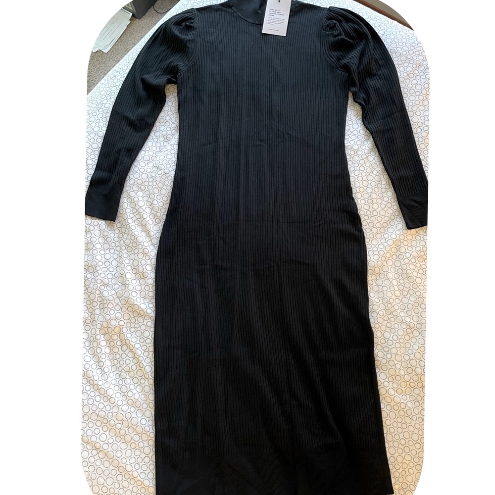 ❤️ WHO WHAT WEAR Black Ribbed Sweater Dress with Rhinestone Buttons - Size Large